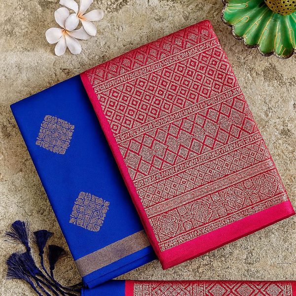Premium Banarasi Semi Silk Saree (Blue–Pink)
