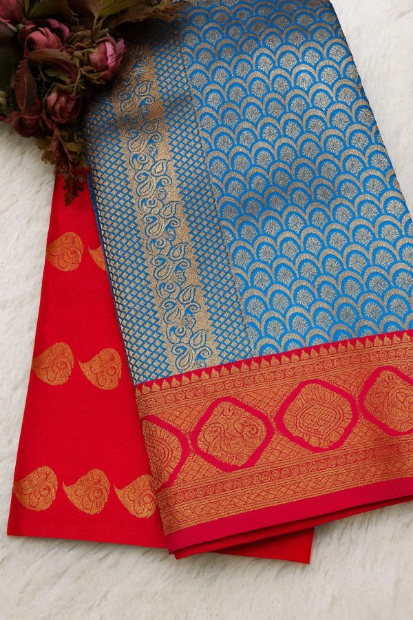 Royal Blue & Red Semi Silk Saree
