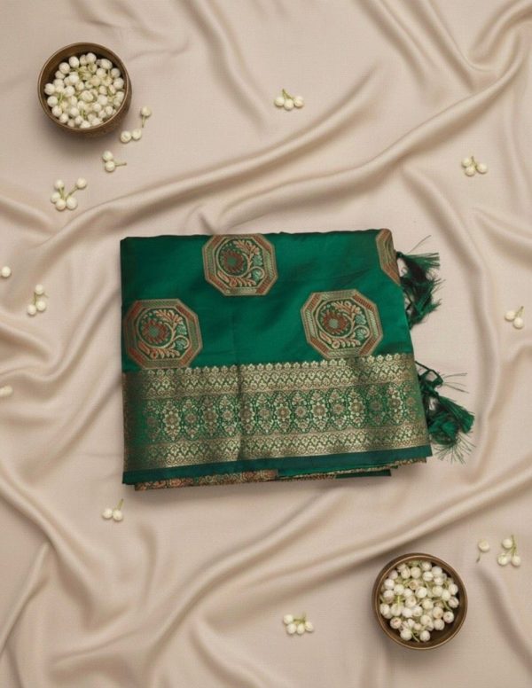 Semi Silk Saree (Green and golden weaving)